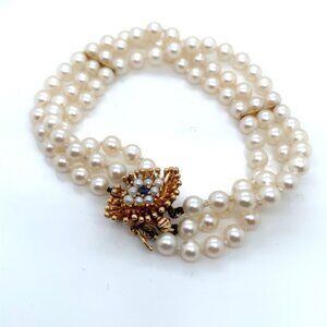 14K Yellow Gold Three Strand Pearl Bracelet With Evil Eye Clasp